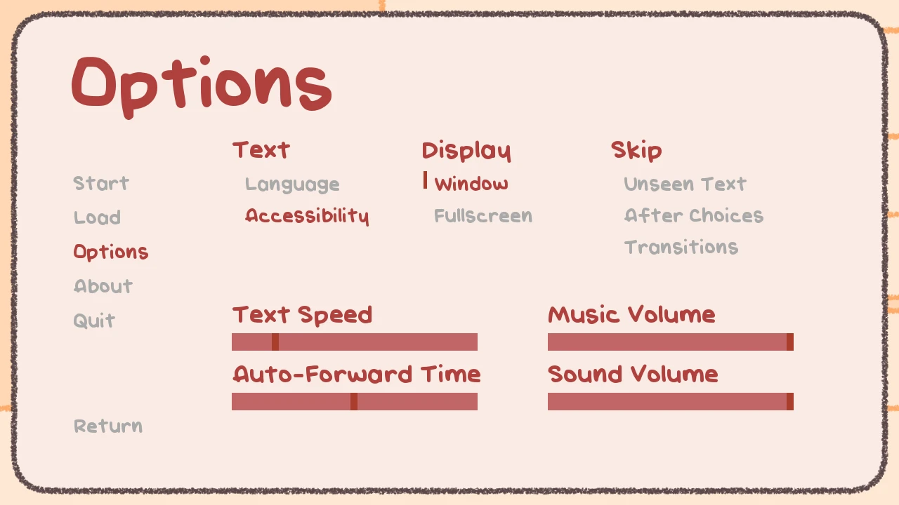 Options panel with custom section Text with link to Language and Accessibility